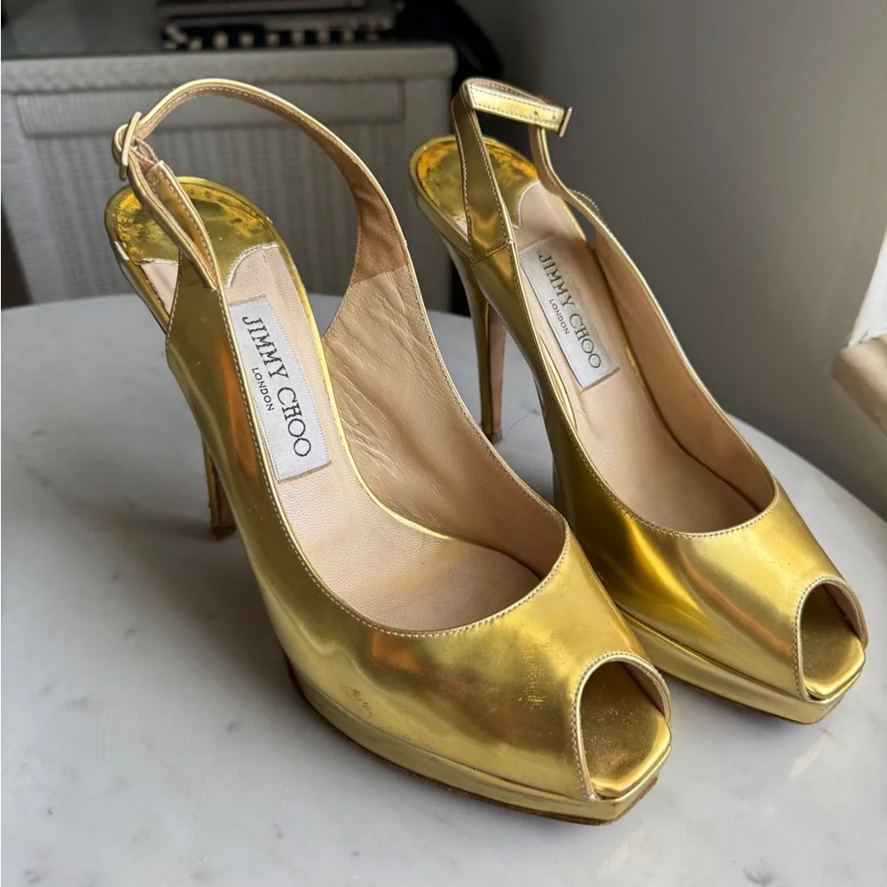 Jimmy Choo Gold High Heeled Slingback Pumps - Picture 2 of 7